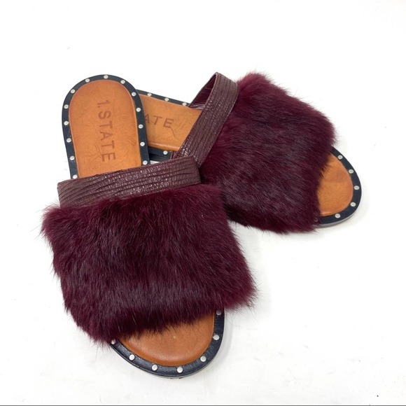 1. State Maroon Purple Red Faux Fur Embellished Leather Flat Sandals - Picture 5 of 8